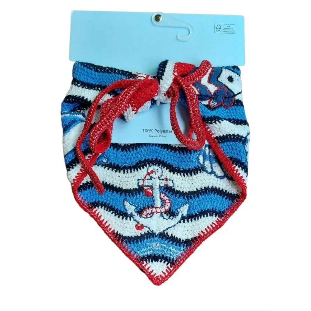 Piper K Blue Nautical Knit Head Scarf with Red Trim NWT